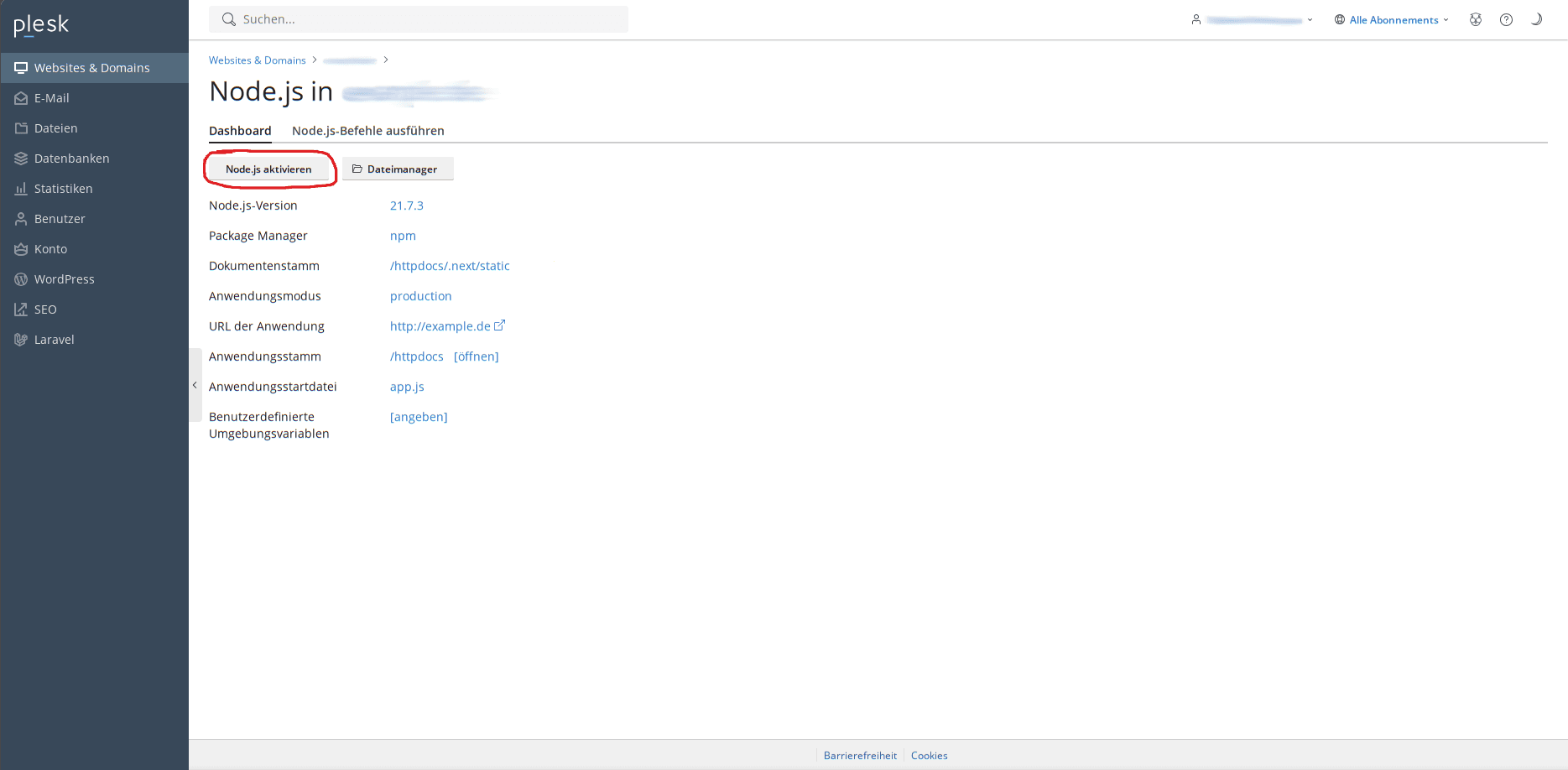 Enable the Node.js module in Plesk